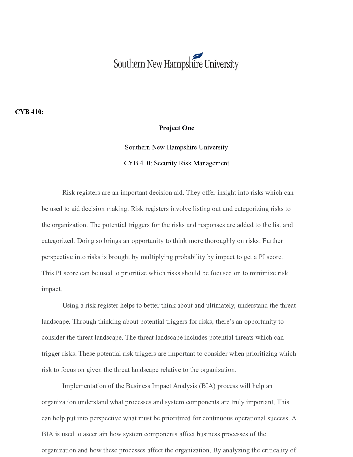 Preview image for CYB 410 Project One.docx    CYB 410:  Project One  Southern New Hampshire University CYB 4